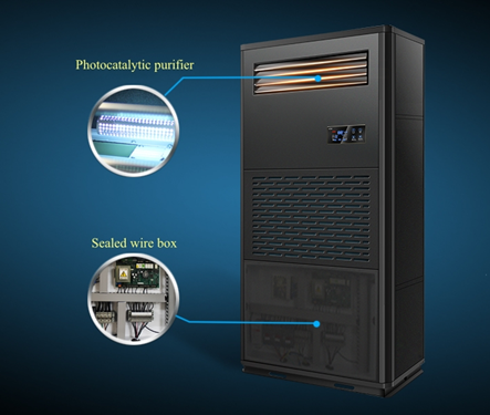 เครื่องลดความชื้นอุตสาหกรรมแบรนด์ Dryer-D แสดงฟังก์ชันแผงกรองอากาศและกล่องต่อสายไฟ สำหรับระบบ คลังสินค้า ลดความชื้น